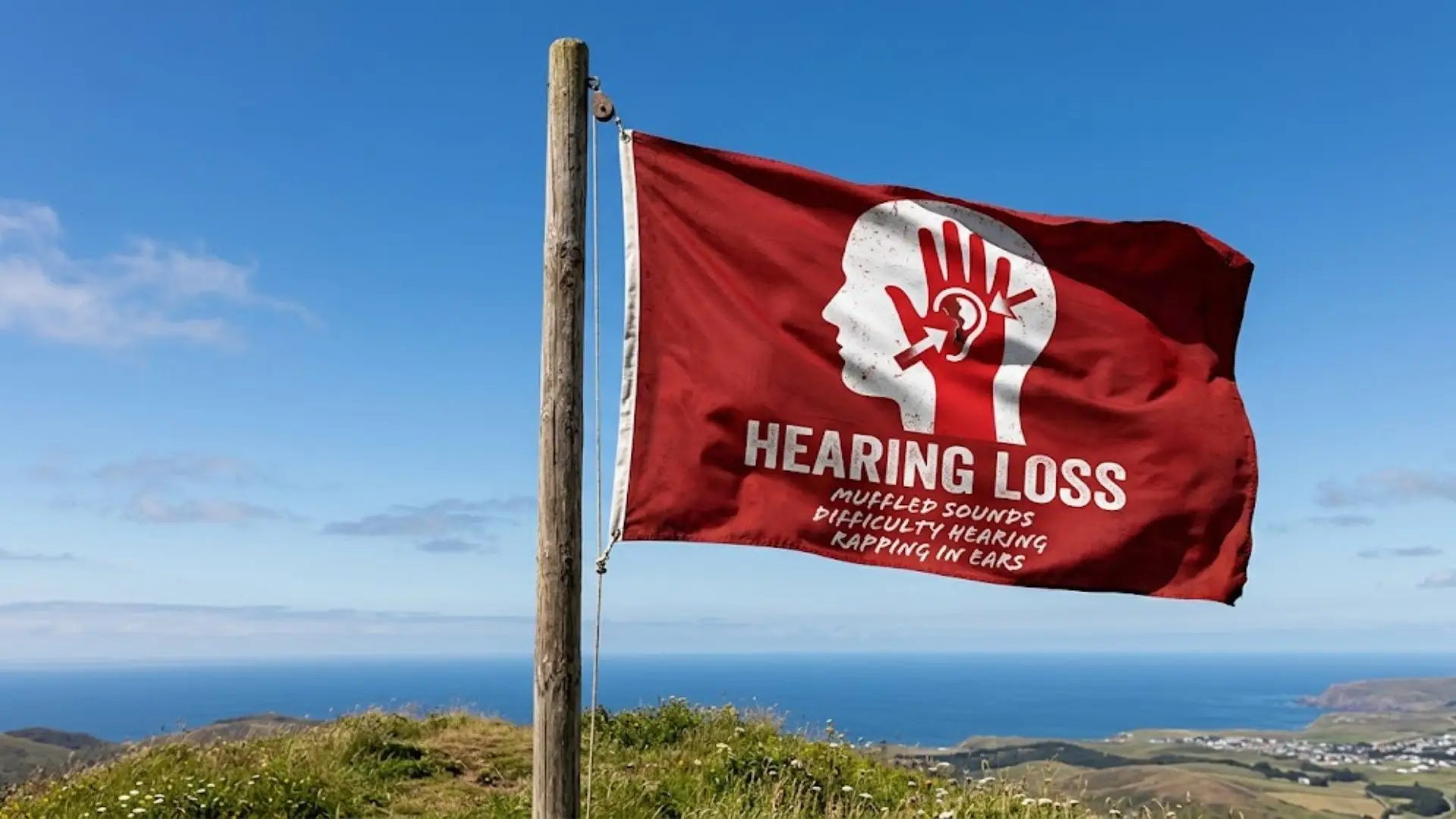 Red flag on a wooden pole against a blue sky symbolizing hearing loss symptoms